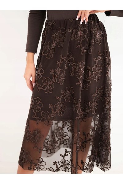 Kesi Fustă midi brodată floral, evazată, din tul, maro