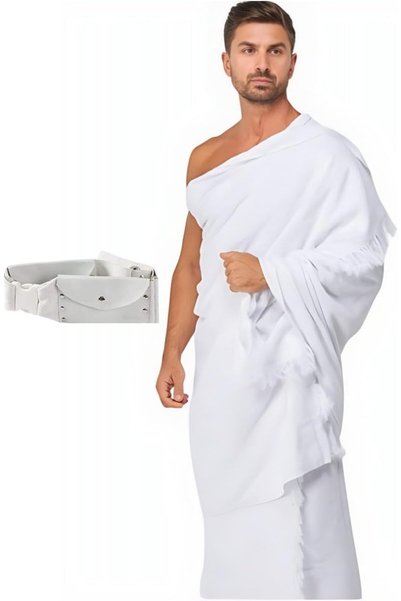 BPA ROYAL AHRAM Mens Hajj Umrah Wearing 100% hygienic Pure Cotton Towel Clothing Set With Waterproof Ahrams Belt ihram ehram 2 Pcs Towels (top, Bottom)45X90 inch New Dry Fast Microfiber Woven Technology.