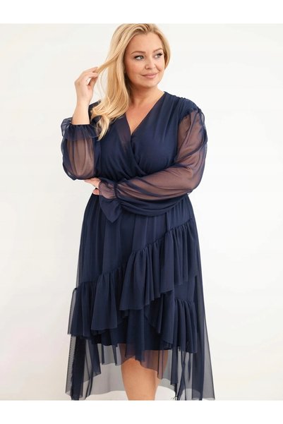 Kesi Rochie petrecută din tul cu volane și mâneci lungi, mărimi mari, albastr...