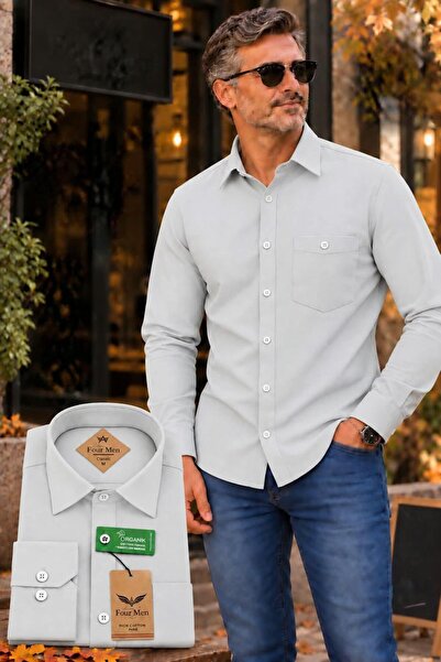 GÖMLEK GALERİSİ Men's Classic Wide Cut Long Sleeve Pocket Plain Cotton Shirt