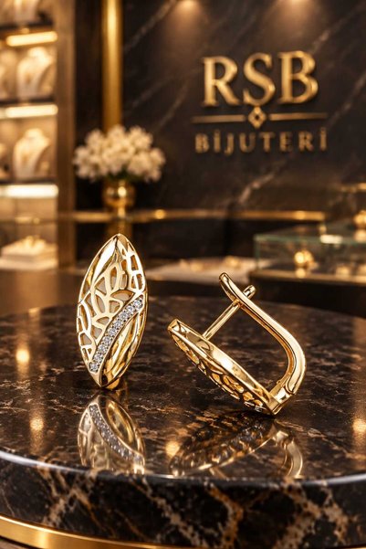 RSB Bijuteri ve Aksesuar Küpe LUXE Seri Taşlı Altın Renk Kaplama + Hediye Paket