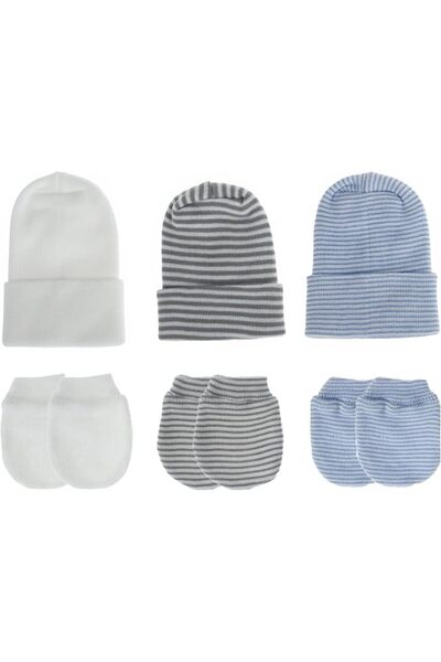 Generic Newborn Baby Cap and Mittens Set, 3 Pairs Each, White Grey Blue Strip...