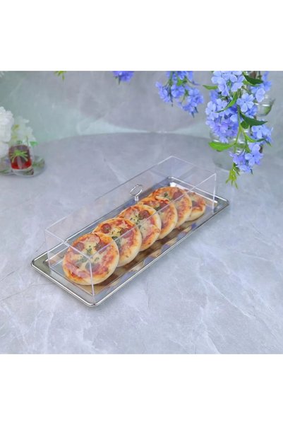 Generic صينية تقديم من ستانلس ستيل بغطاء زجاجي بتصميم فاخر ــ فضي وشفاف ــ 18...