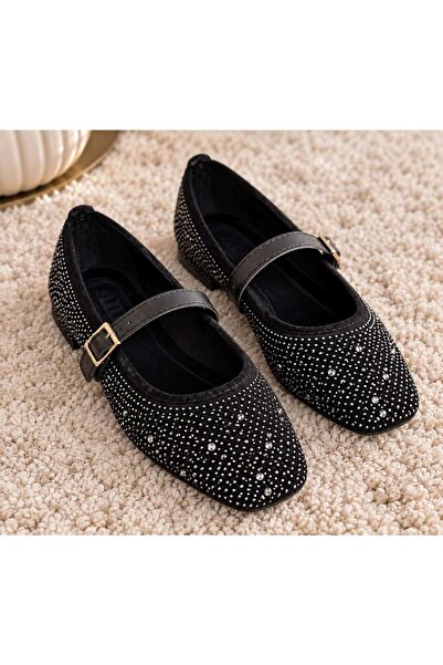 AYAKCİTY Women's Stone Detailed Stylish Flexible Comfortable Buckle Ballerinas