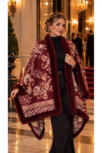 FELLMENS Burgundy Premium Faux Fur Shawl Patterned Woven Women's Poncho