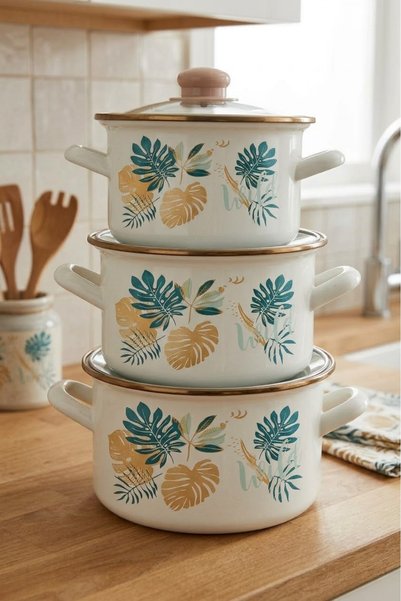 EMAYE EVİM 18-20-22 cm 1750-2.5 Liter-3.5 Liter Leaf Enamel Pot Set
