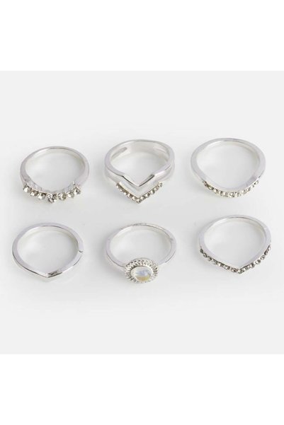 SHOPIENS Inele de culoare argintie cu strasuri pentru dama set 6 bucati Shopi...