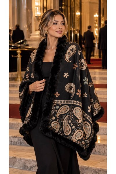 FELLMENS Black Premium Faux Fur Shawl Patterned Woven Rectangular Women's Poncho