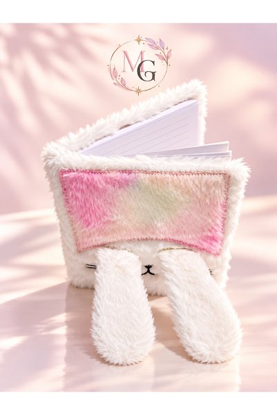 MAISON GLOWEN Tavşan Figürlü Peluş Defter, Pembe Beyaz Yumuşak Kapaklı Çizgili Günlük ve Not Defteri, Sevimli Hediye