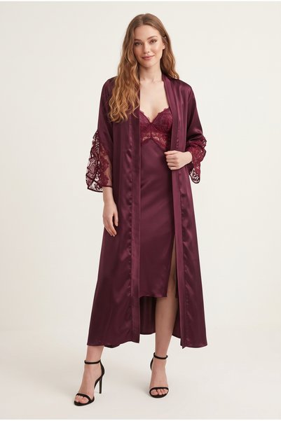 fevien Women's Burgundy Lace Detailed Stylish Nightgown and Robe Set - Dowry ...