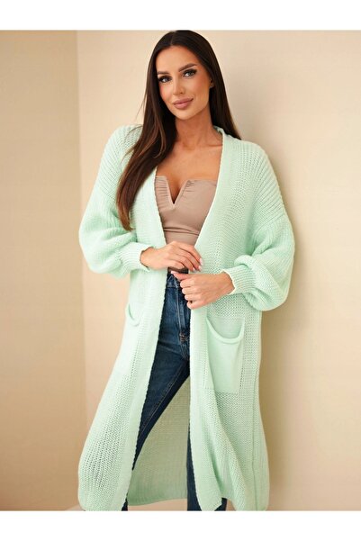 Kesi Cardigan de damă lung oversize tip poncho cu buzunare verde mentă deschis