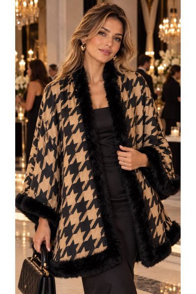 FELLMENS Black Premium Faux Fur Houndstooth Patterned Woven Women's Poncho