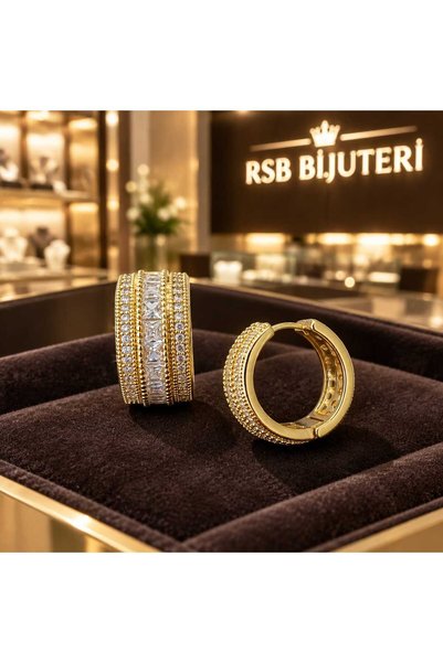 RSB Bijuteri ve Aksesuar Küpe LUXE Seri Taşlı Altın Renk Kaplama + Hediye Paket