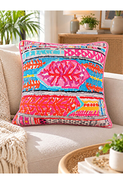 nunuteks evinizi renklendirin Colorful Bohemian Ethnic Patterned Cushion Cover 43X43 cm - Pink Turquoise Piping Double-Sided Printed