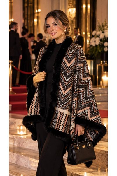 FELLMENS Black Premium Faux Fur Zigzag Patterned Woven Women's Poncho