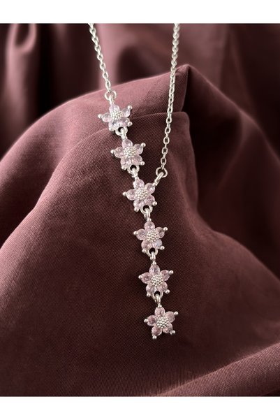 Çelik Silver Çiçek Detaylı Y Kolye