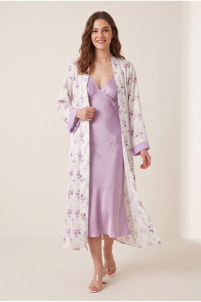 fevien Women's Lilac Floral Patterned Long Dressing Gown and Suspender Nightg...