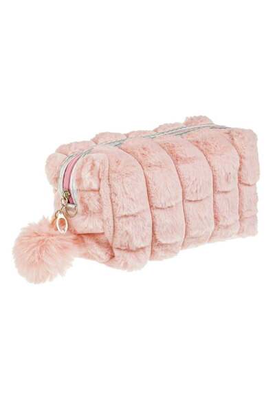 SHOPIENS Portfard pentru cosmetice roz din imitatie de blana cu pompon roz cu...