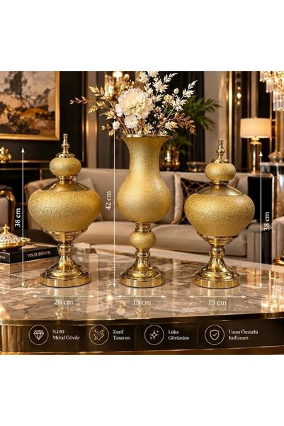 voliX Dizayn 3 Parça Gold Dekoratif Obje Takımı Lüks Salon Konsol Sehpa Süs S...