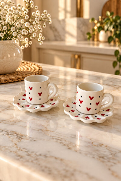 Trouvaille Heart Patterned Ceramic Turkish Coffee Cup Set for 2 People – 4 Pi...
