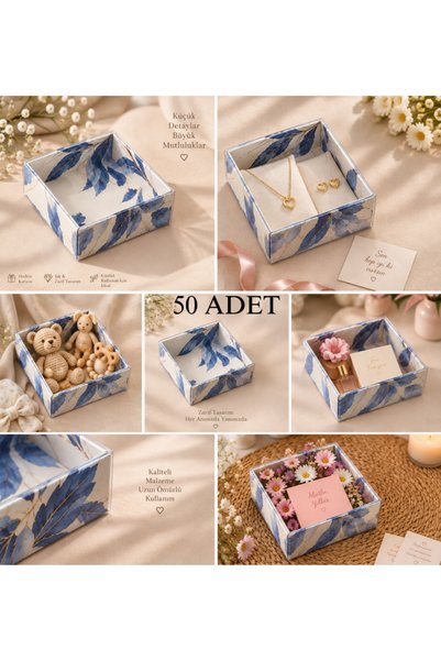 Dora Accessories 50 Adet 8x8x3 Desenli Selefonlu Mavi Çiçekli Asetat Kutu Düğün Nişan Kına Hediyelik Kutu Kargo Kutusu