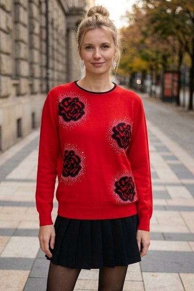 Chiccy Pulover casual din tricot cu mânecă lungă, guler rotund, roșu, cu impr...