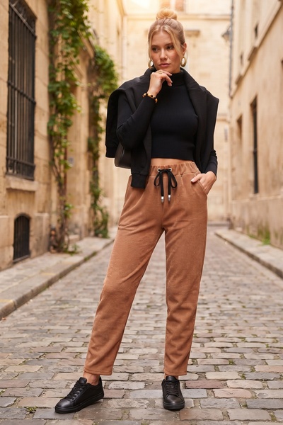 Chiccy Italian Camel Elastic and Tie-Waist Straight Leg Casual Slim Corduroy Woven Trousers 98 62