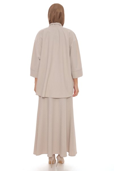 by elmoda Women's Beige Seersucker Fabric Skirted Top and Bottom Two-Piece Set