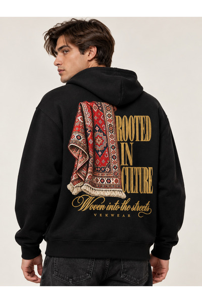 VEK Hanorac supradimensionat cu imprimeu Kilim, cu glugă, din 3 fire, cu textură în relief, Rooted Culture