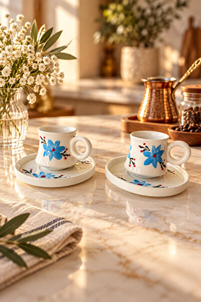 Trouvaille Blue Floral Patterned Ceramic Turkish Coffee Cup Set for 2 People,...