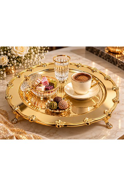 Turkco Round Series Metal Presentation Promise Engagement Tray with Stand, Gold Tray Gold Accessory