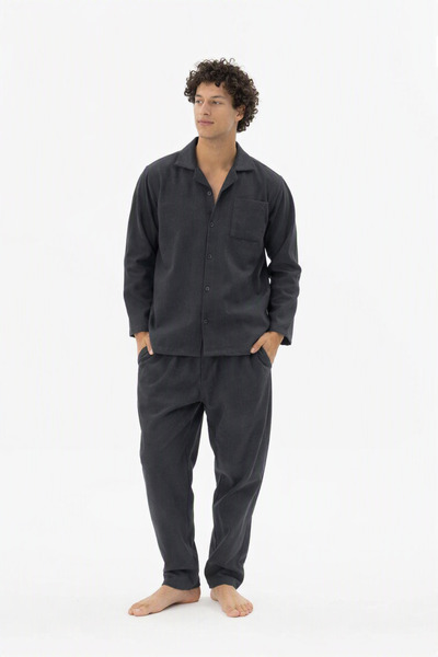 Relax Mode Erkek Siyah Dokuma Pazen Apaj Yaka Pijama Takımı - 4040R