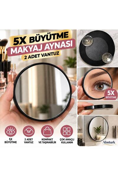 abnturk 5X Büyüteçli Makyaj Aynası 2 Adet Vantuzlu Yuvarlak Siyah El ve Yüz B...