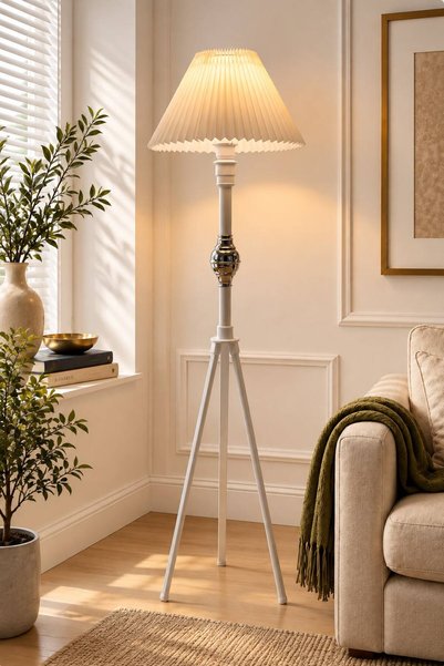 Floor Beyaz 148 cm Krem Umbrella Başlıklı Pileli Salon & Yatak Odası Modern Lambader