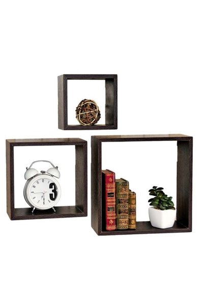 SHOPIENS Set de 3 rafturi cub suspendate maro inchis de perete din lemn Shopi...