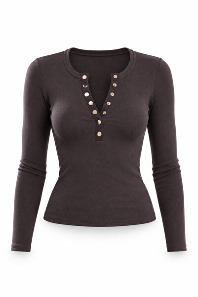 5in1Canpolat Brown Long Sleeve T-Shirt with Snap Buttons on the Front 16363