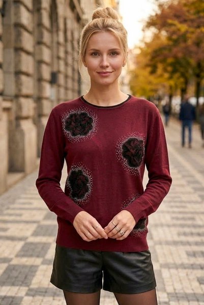 Chiccy Pulover casual din tricot, cu guler rotund, mânecă lungă, cu imprimeu ...