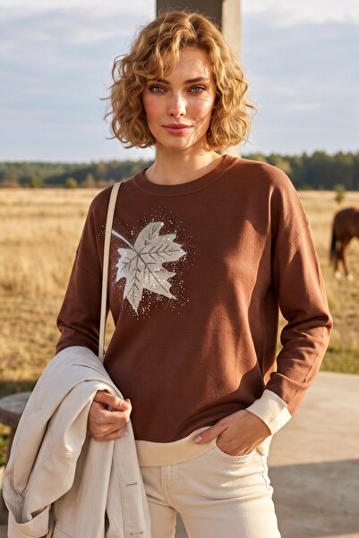 Chiccy Pulover casual din tricot cu mânecă lungă, decolteu rotund, cu imprime...