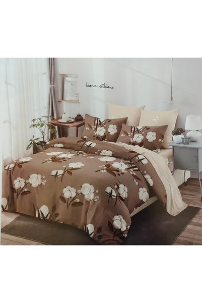 JOJO Double bed linen set, Stretchy sheet, Cotton flowers, 6 pieces