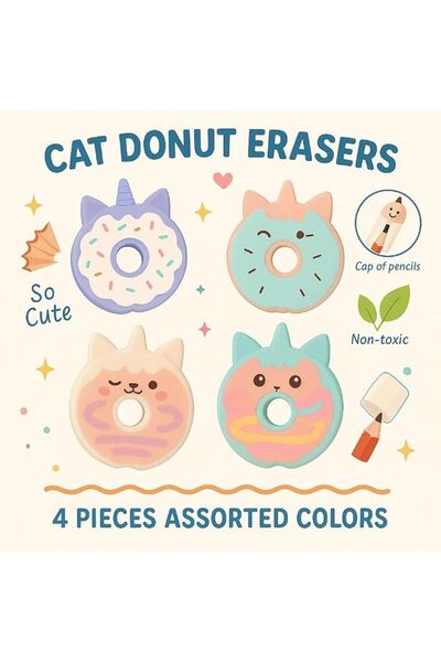 Barenpresse Bare Theory Cute Cat Shaped Eraser Set – 4-Pieces Multicolor Fun Rubber Erasers for Kids, School, Of