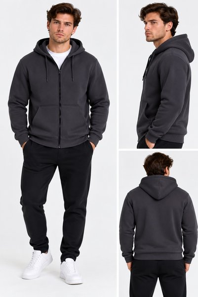 Machi Men's 3 Thread Zipper Hooded Zip-Up Sweat Jacket Winter Soft Inside wit...