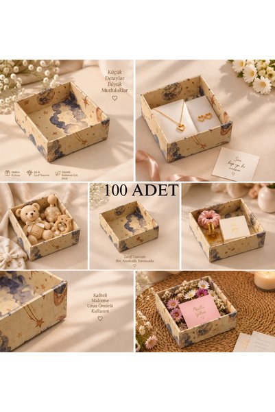 Dora Accessories 100 Adet 8x8x3 Desenli Selefonlu Asetat Kutu Düğün Nişan Kına Hediyelik Kutu Kargo Kutusu