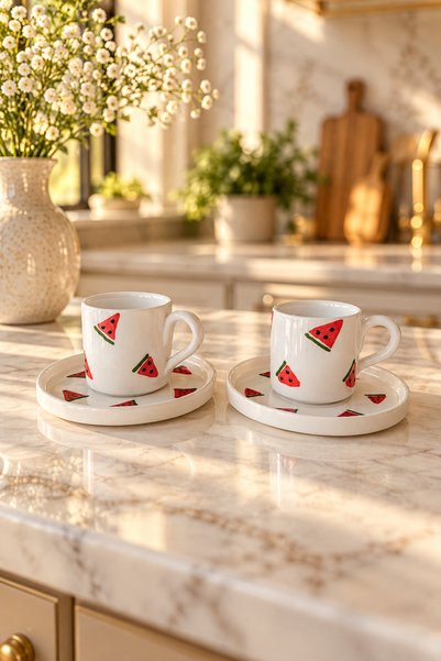 Trouvaille Watermelon Patterned Ceramic Turkish Coffee Cup Set for 2 People, ...
