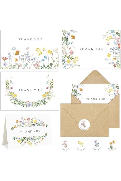 Tazweeq Watercolor Floral Thank You Cards Set of 10 with Kraft Envelopes and ...