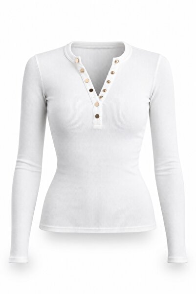 5in1Canpolat Tricou Ecru cu mânecă lungă și nasturi în față 16363