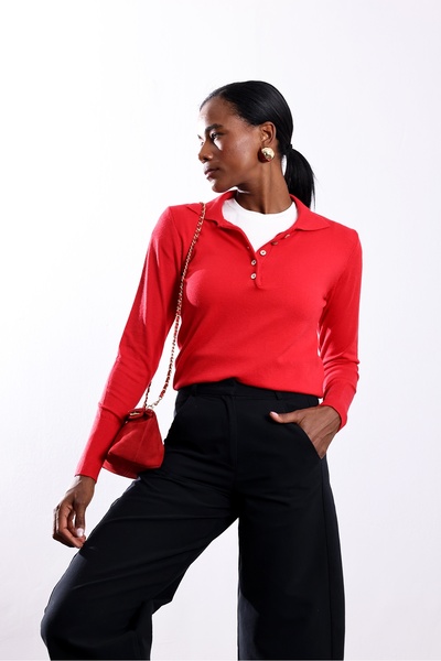 5in1Canpolat Red Polo Collar Lyocell Yarn Knitwear 6207