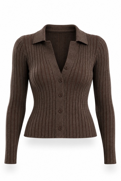 5in1Canpolat Brown Polo Collar Ribbed Cardigan 261071
