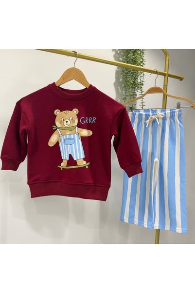 Patriko Girls' and Boys' Cotton 3-Ply T-Shirt with Bear Print Sweathirt Pants Bottom Top Set 2-8 Years