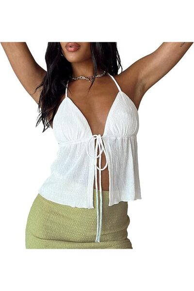 Generic Women's Y2K Backless Crop Top, Tie-Up Halter Cami with Deep V Neck, S