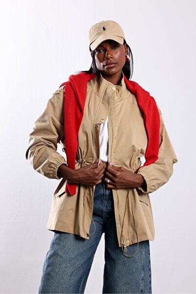 5in1Canpolat Beige Stand Collar Epaulet Detailed Short Trench Coat 01100